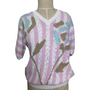 Vintage Joyce Shirt Sweater Knit Pink White Stripes Short Sleeve Women's Sz M